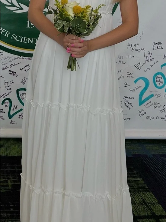 Leena for Mac Duggal White V-Neck Tie-Shoulder Maxi Gown Size 0 - Picture 7 of 7